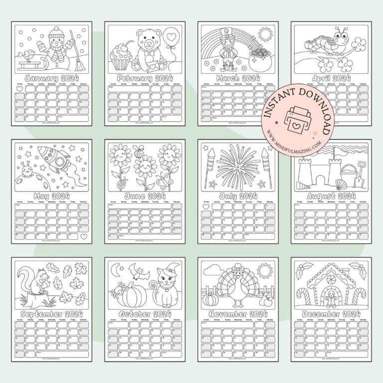 Free Printable Coloring Calendar for Kids in 2024 • Mindfulmazing.com