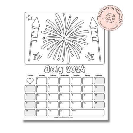 July 2024 Calendar Printable Coloring Pages